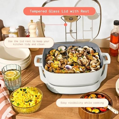 Wonderful 5-in-1 Detachable Electric Skillet 12x12 in, 7 Qt, Ceramic Nonstick, 1500W, Sauté & Slow Cook, 5 Cooking Modes,Tempered Glass Lid,Dishwasher Safe