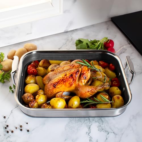 LIVWELL DiamondClad 12 X 14- Inch Hybrid Nonstick Roasting Pan with Rack | Stainless Steel, PFOA & PFAS-Free | Oven, Dishwasher & Metal Utensil Safe