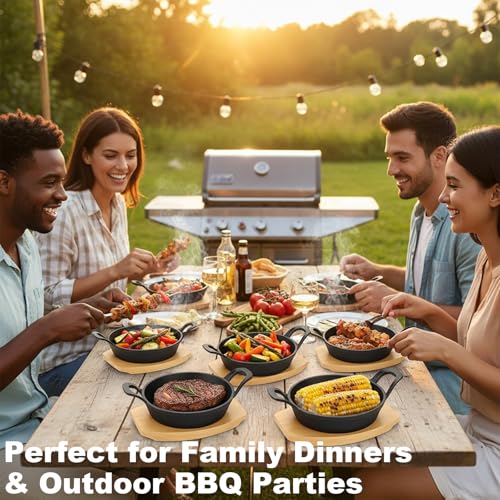 4 Sets Mini Cast Iron Skillet, 6.3 Inch Small Cast Iron Skillets with Wooden Base, Round Mini Pan Fajita Plate Iron Pan Pot, Heavy Duty Cast-iron Cookware for Baking, Frying, Cooking, Serving & More