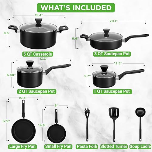 NutriChef 13-Piece Nonstick Cookware - Heat Resistant Kitchen Ware Set w/Saucepan, Frying Pans, Cooking Pots, Casserole, Lids, Ladle, Fork, Strainer - NCCWA13, Black