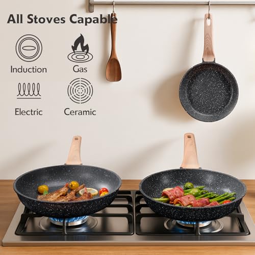 Roomena 8 inch Nonstick Frying Pan Skillet, Non Stick Granite Fry Pans, Omelette Pan, Egg Frying Pan with Heat-Resistant Handle, Requires Installation, PFOA Free Chef's Pan, Induction Compatible