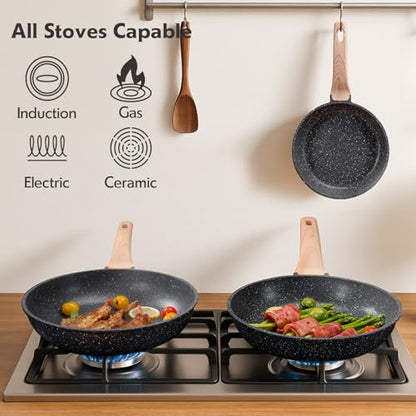 Roomena 8 inch Nonstick Frying Pan Skillet, Non Stick Granite Fry Pans, Omelette Pan, Egg Frying Pan with Heat-Resistant Handle, Requires Installation, PFOA Free Chef's Pan, Induction Compatible