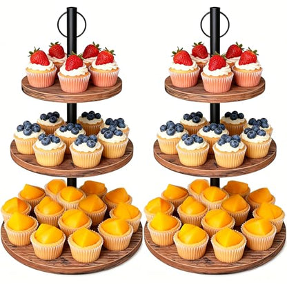 LZelriy Cupcake Stand, 2 Pack Rustic Wood Cake Stand, 3 Tier Cupcake Tower Round Tiered Tray Stand for Dessert Table Display, Industrial Wooden Serving Stand Wedding, Graduation and Baby Shower