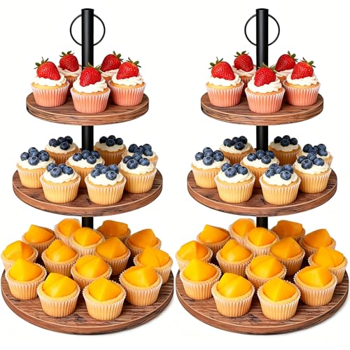 LZelriy Cupcake Stand, 2 Pack Rustic Wood Cake Stand, 3 Tier Cupcake Tower Round Tiered Tray Stand for Dessert Table Display, Industrial Wooden Serving Stand Wedding, Graduation and Baby Shower