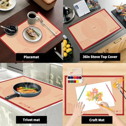 Extra Large Silicone Pastry Mat for Counter Rolling Dough,36x24 Inch,0.75mm Thick,Non Slip Silicone Baking Mat with Measurement(36 x 24 In,Red)