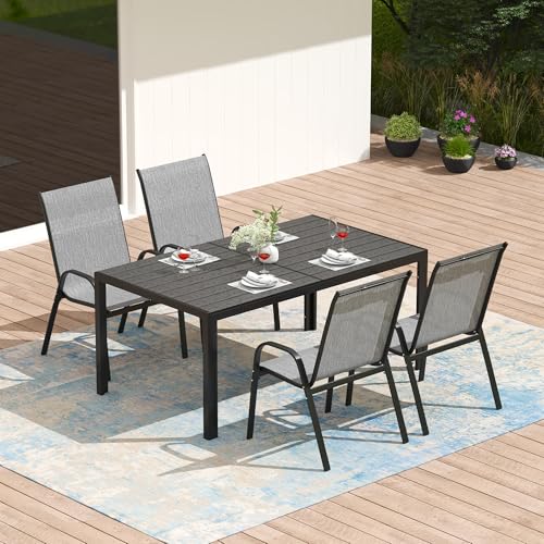 PIZZELLO 5-Piece Outdoor Patio Dining Set, 4Pcs Stackable Patio Chairs and Rectangular Dining Table, All Weather Outdoor Table and Chairs Set for Backyard, Garden, Deck and Poolside