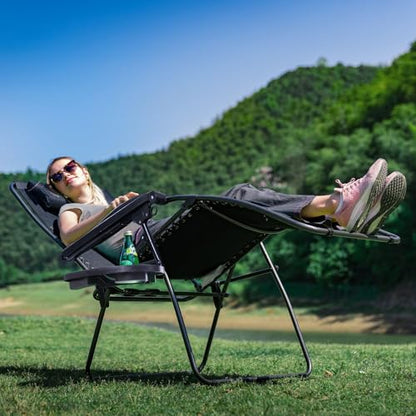 VTOY Zero Gravity Lounge Chair,Adjustable Outdoor Reclining Patio Chairs with Pillow and Cup Holder,Portable Camping Beach Chair,Steel Mesh Folding Recliner for Pool Yard Lawn (Black)
