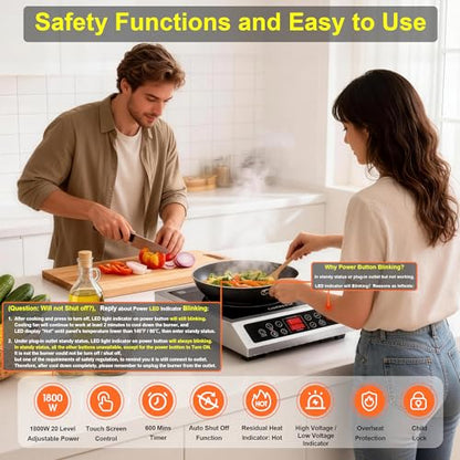 Stainless Steel Induction Cooktop, Professional Commercial Grade Single Burner Electric Cooktop, 1800W Hot Plate Portable Countertop Cooker with Temperature Control, Compatible with Magnetic Cookware