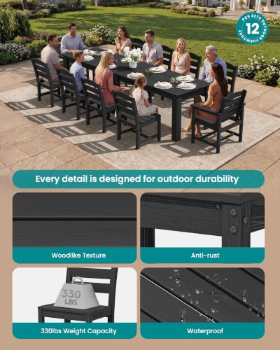 SERWALL Outdoor Dining Set for 10, w/ 2 Tables & 10 Chairs, Black