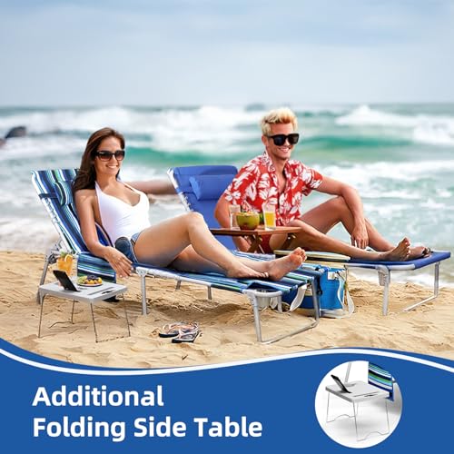 3-in-1 Beach Chair Face Holes, Lounge Chair Outdoor with Folding Side Table, 5-Position Recliner, Lay Flat, Removable Pillow, Heavy Duty, Max 330lbs, Poolside, Patio, Camping, Backyard Striped Blue