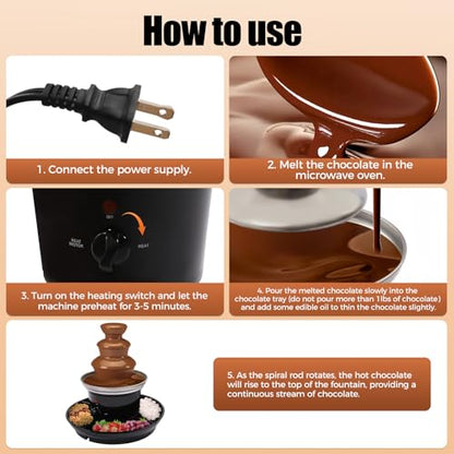 Chocolate Fondue Fountain, 3-Tier 1 lb Capacity Electric Chocolate Fondue Fountain Machine Stainless Steel Cheese Melting Heating Machine with Fruit Plate for Birthday Party Wedding Celebration