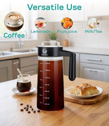 Coffee Gator Cold Brew Coffee Maker - 47 oz Iced Tea and Iced Coffee Maker and Pitcher with Borosilicate Glass Carafe, Filter - Black