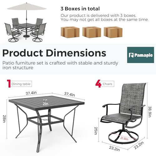 PATIOPIA 5-Piece Outdoor Dining Set, All Weather Patio Table and Chairs Set with Umbrella Hole for 4, Outdoor Table and 4 Textilene Swivel Chairs for Backyard, Poolside, Deck, Grey