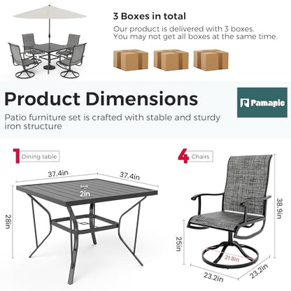 PATIOPIA 5-Piece Outdoor Dining Set, All Weather Patio Table and Chairs Set with Umbrella Hole for 4, Outdoor Table and 4 Textilene Swivel Chairs for Backyard, Poolside, Deck, Grey