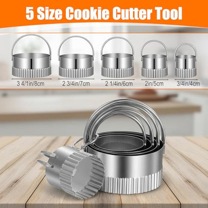 Afcabakila Cookie Stamps Biscuit Cutter Set, 3 Molds Metal Cookie Press And 5 Size Cookies Cutter Set, Zinc Alloy Embossing Stamper With Wooden Handle, Food Grade Stainless Steel Cutters For DIY Baki