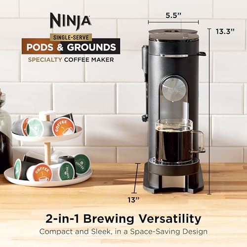 Ninja Coffee Maker, Single Serve, Brew with Coffee Pods and Grounds, Compatible with K-Cup Pods, 4 Styles, up to 24 Ounces Cup Sizes and 56 Ounces Removable Reservoir, Black, PB051