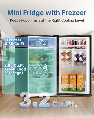 Frostorm 3.2 Cu Ft Mini Fridge with Freezer - Energy Efficient, Large Capacity Single Door Upright Freezer for Bedroom, Office & Dorm | Small Fridge, Reversible Door, ETL Certified(Black)