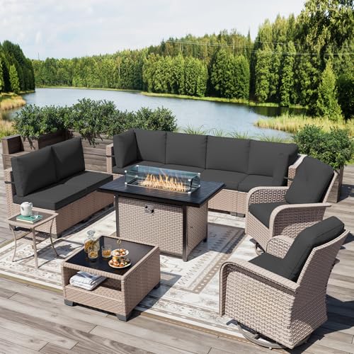 Aukreolis 11 Pieces Patio Furniture Set with Fire Pit Table, Outdoor Sectional Wicker Sofa with Thick Cushions, High Back Swivel Rocker Patio Chairs, Rattan Conversation Set with Coffee Table, Black