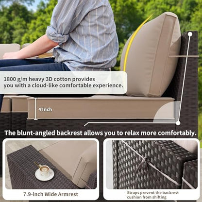 Gotland 7 Pieces Patio Furniture Set with 55000BTU Fire Pit Table, Wicker Patio Set with Wide Armrests 29.5'' High Backrest Thick Cushions 1 Coffee Table, Outdoor Furniture for Porch Deck Khaki