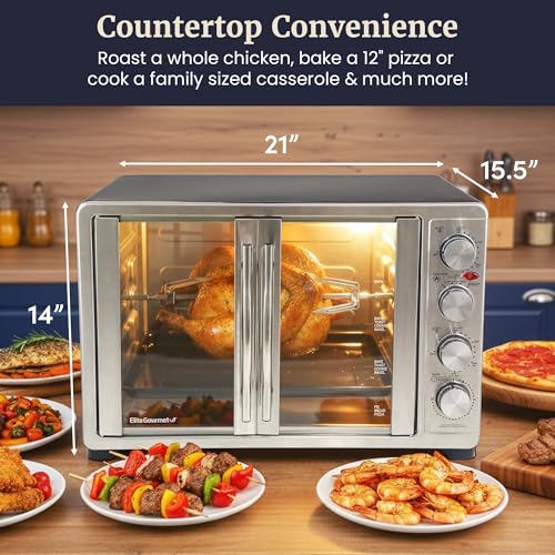 Elite Gourmet ETO4510B# French Door 47.5Qt, 18-Slice Convection Oven 4-Control Knobs, Bake Broil Toast Rotisserie Keep Warm, Includes 2 x 12" Pizza Racks, Stainless Steel