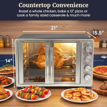 Elite Gourmet ETO4510B# French Door 47.5Qt, 18-Slice Convection Oven 4-Control Knobs, Bake Broil Toast Rotisserie Keep Warm, Includes 2 x 12" Pizza Racks, Stainless Steel