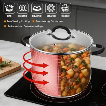 P&P CHEF Stainless Steel Stock Pot, 12 Qt Cooking Soup Pot with Visible Lid for Pasta, Tri-Ply Bottom & Dual Heatproof Handles, For Induction Gas All Stoves, Non-Toxic & Dishwasher Safe