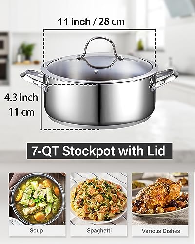 Cooks Standard Dutch Oven Casserole with Glass Lid, 7-Quart Classic Stainless Steel Stockpot, Silver