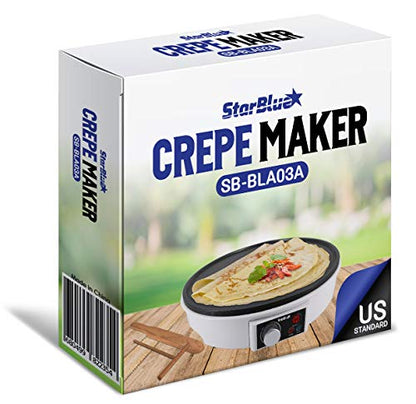 12" Electric Crepe Maker by StarBlue with FREE Recipes e-book and Wooden Spatula - Perfect for Crepes, Roti, Tortillas, Blintzes, Pancakes, Waffles, Eggs, Bacon AC 120V 50/60Hz 1000W