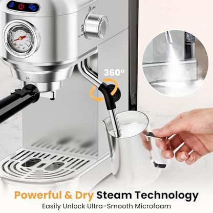 Espresso Machine 20 Bar, Compact Espresso Coffee Machine with Milk Frother, Stainless Steel Coffee Maker with 34oz Removable Water Tank, Cappuccino Machine for Home, Office, Fathers Day Dad Gifts