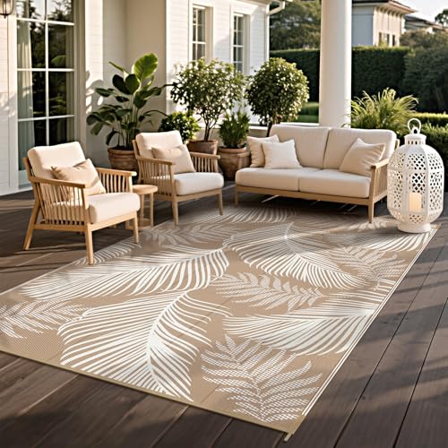 Pauwer Waterproof Outdoor Rug 5x8, Reversible Plastic Straw Patio Camping Rug, Indoor Outdoor RV Mat Carpet for Deck, Camper, Porch, Balcony, Backyard, Picnic, Leaf Brown