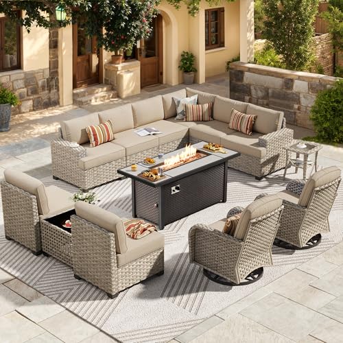 HOOOWOOO Outdoor Sectional Patio Furniture Set with Fire Pit Table,13 Pieces Wicker Conversation Sets L Shaped Couch,Extra Deep Out Door Sofa Outside Furniture with Swivel Rocking Chair,Beige