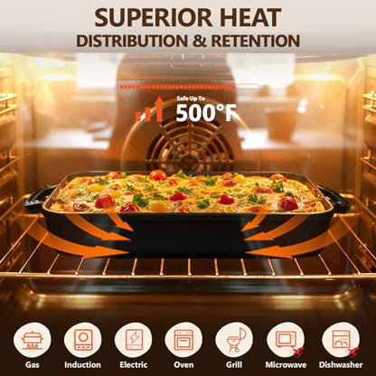 Lvmol Cast Iron Detroit Pizza Pan - 9x13 Inch Pre-Seasoned Deep Baking Dish for Casserole, Focaccia, Lasagna