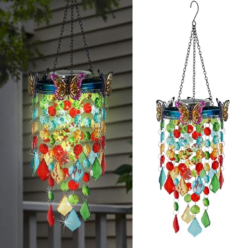 Hanging Solar Lanterns Outdoor Chandelier,Colorful Metal Butterfly with Acrylic Crystal Wind Chimes for Outside,Solar Lights Color Changing LED Outdoor Decorative for Paito,Porch,Yard