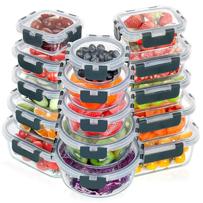 VERONES 30 Pieces Glass Meal Prep Containers Set, Stackable Glass Food Storage Containers with Lids-Airtight Lunch Containers，for Microwave, Oven, Freezer & Dishwasher,Grey