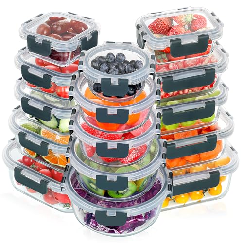 VERONES 30 Pieces Glass Meal Prep Containers Set, Stackable Glass Food Storage Containers with Lids-Airtight Lunch Containers，for Microwave, Oven, Freezer & Dishwasher,Grey