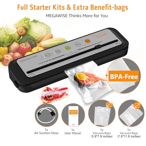 Updated Vacuum Sealer Machine 2025, MEGAWISE Food Sealer w/Starter Kit, Dry & Moist Food Modes, Compact Design with 10 Vacuum Bags & Built-in Cutter (Grey)