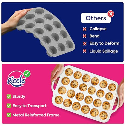 RICCLE 2 Pack Silicone Mini Muffin Pan with Metal Reinforced Frame, 24-Cup Mini Cupcake Pans, Mini Muffin Silicone Molds, Silicone Muffin Pans for Baking - Oven & Dishwasher Safe, BPA-Free