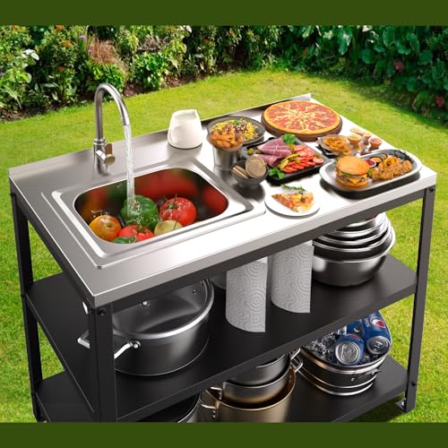 Outdoor Kitchen Island with Sink,36''H Stainless Steel Utility Sink,3T Heavy Duty Pizza Oven Table,Metal BBQ & Grill Stand,Outdoor Cooking Prep Table Freestanding Laundry Sink for Backyard Garage