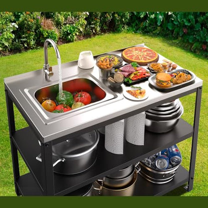Outdoor Kitchen Island with Sink,36''H Stainless Steel Utility Sink,3T Heavy Duty Pizza Oven Table,Metal BBQ & Grill Stand,Outdoor Cooking Prep Table Freestanding Laundry Sink for Backyard Garage