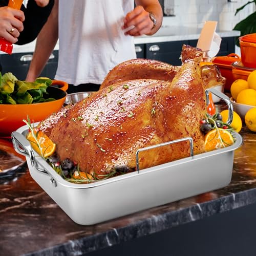 QPMR Roasting Pan with Cooling Rack - Stainless Steel Large Turkey Roaster Pan for Turkey, Chicken, Ham Roaster with V-Shaped Baking Rack Heavy Duty Dishwasher Safe
