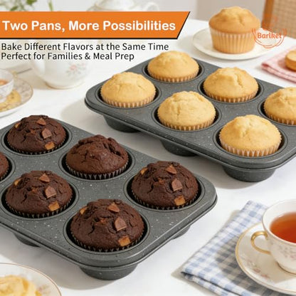 Barlket 2 Pack Jumbo Muffin Pan, 6 Cup Large Cupcake Pan with Speckled Granite Coating and Paper Liners, Professional Nonstick Carbon Steel Muffin Tin for Baking Muffins Frittatas Cupcakes, Grey