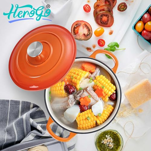 Herogo Enameled Cast Iron Dutch Oven with Lid and Dual Handles, 3QT Heavy Duty Round Dutch Oven Pot for Bread Baking Stewing Roasting, Nonstick & Easy Cleanup, Safe for Various Stovetops - Orange