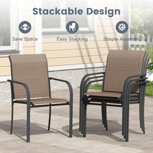 VICLLAX 9 Pieces Patio Outdoor Dining Set, 70" Outdoor Rectangular Metal Dining Table with Umbrella Hole and 8 Stackable Textilene Chairs for Lawn, Garden, Porch, Black/Brown