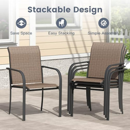 VICLLAX 9 Pieces Patio Outdoor Dining Set, 70" Outdoor Rectangular Metal Dining Table with Umbrella Hole and 8 Stackable Textilene Chairs for Lawn, Garden, Porch, Black/Brown