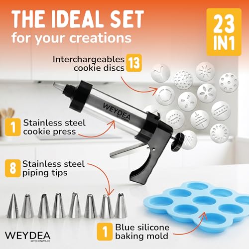 WEYDEA Cookie Press Gun Kit 23 in 1 - Stainless Steel Cookie Maker with 13 Discs, 8 Piping Tips & Silicone Baking Mold - Cookie Making Kit for DIY Baking