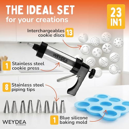 WEYDEA Cookie Press Gun Kit 23 in 1 - Stainless Steel Cookie Maker with 13 Discs, 8 Piping Tips & Silicone Baking Mold - Cookie Making Kit for DIY Baking