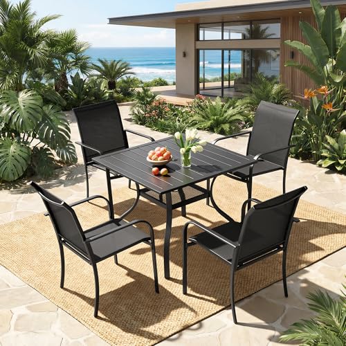 Incbruce 5 Pieces Patio Dining Set, Outdoor Dining Set of 4 Textilene Chairs and Square Table with Umbrella Hole for Backyard, Garden, and Poolside (Black)