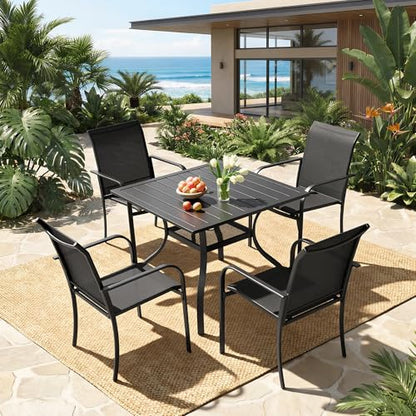 Incbruce 5 Pieces Patio Dining Set, Outdoor Dining Set of 4 Textilene Chairs and Square Table with Umbrella Hole for Backyard, Garden, and Poolside (Black)