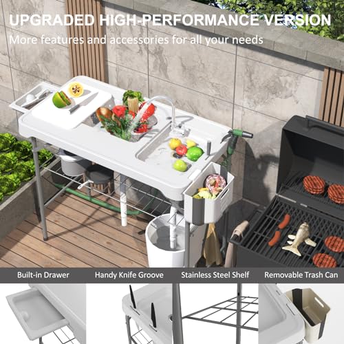 IWDOO 42.5" Fish Cleaning Table with Dual Sink, Portable Folding Camping Table with Faucet, Sprayer, Grid Rack, Hose Hook Up & Knife Groove, Outdoor Sink Station for Picnic Beach Patio