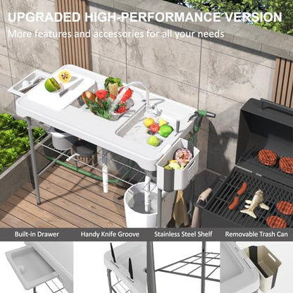 IWDOO 42.5" Fish Cleaning Table with Dual Sink, Portable Folding Camping Table with Faucet, Sprayer, Grid Rack, Hose Hook Up & Knife Groove, Outdoor Sink Station for Picnic Beach Patio